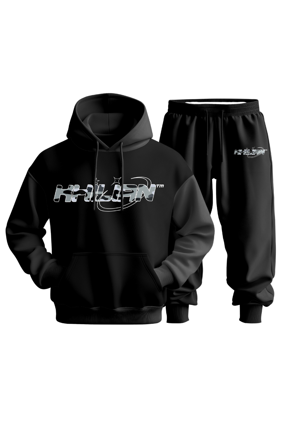 KHILIAN Black Urban Camo Orbit Graphic Streetwear Tracksuit