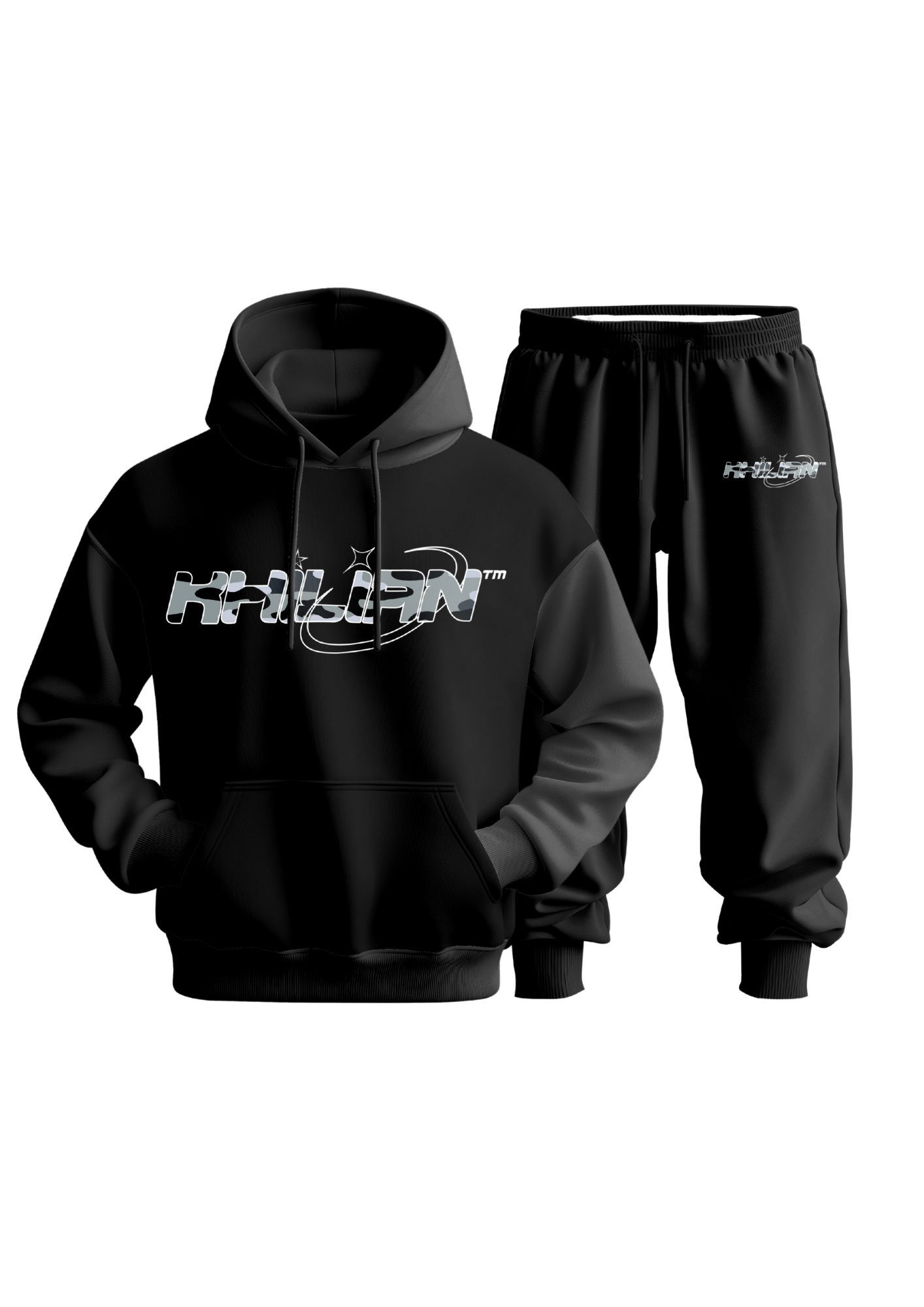 KHILIAN Black Urban Camo Orbit Graphic Streetwear Tracksuit
