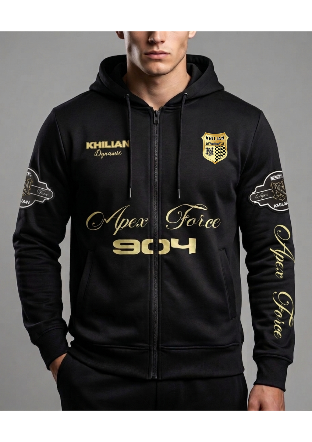 Men’s Black Zip-Up Hoodie with Gold Embroidery - Apex Force 904
