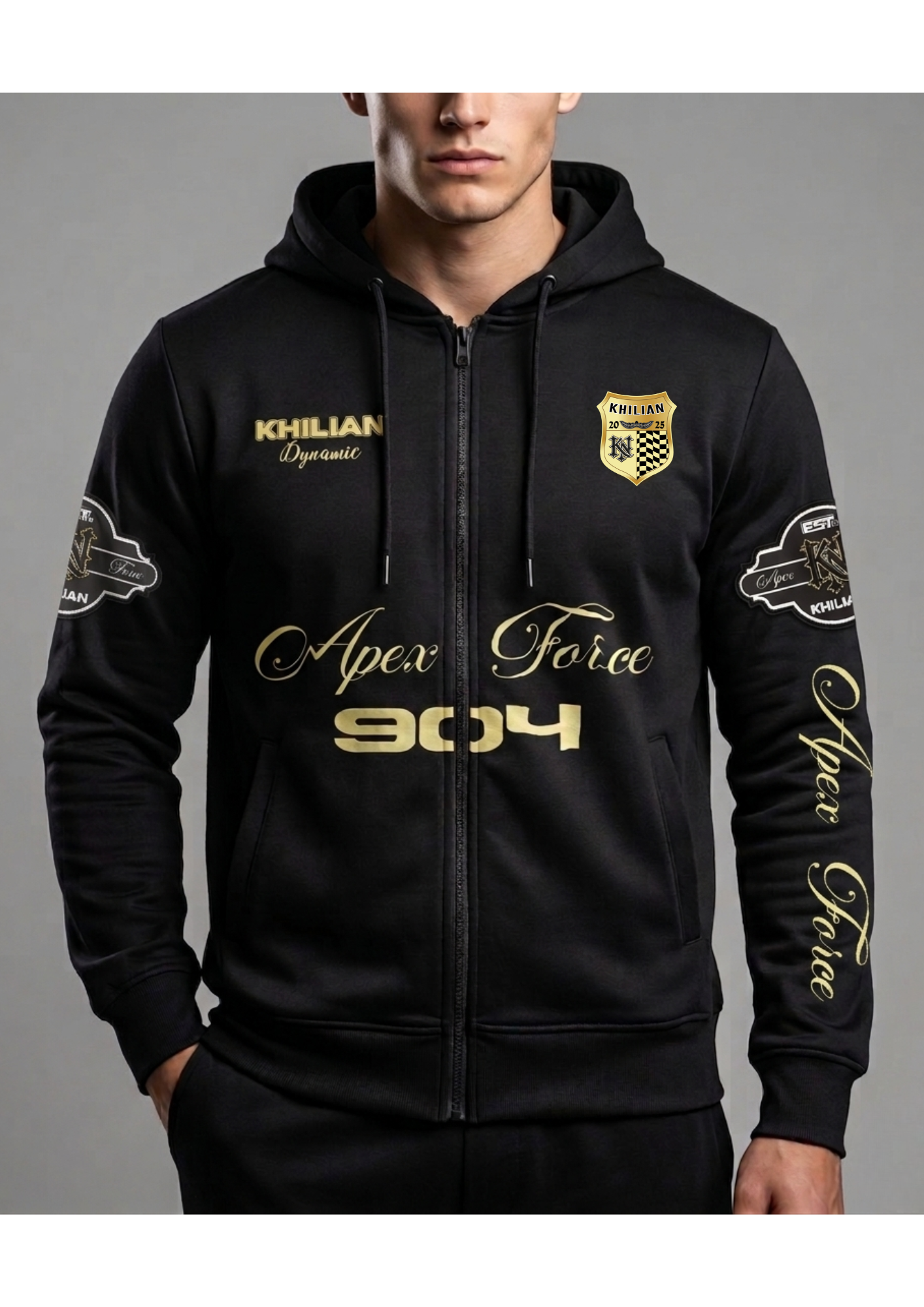 Men’s Black Zip-Up Hoodie with Gold Embroidery - Apex Force 904