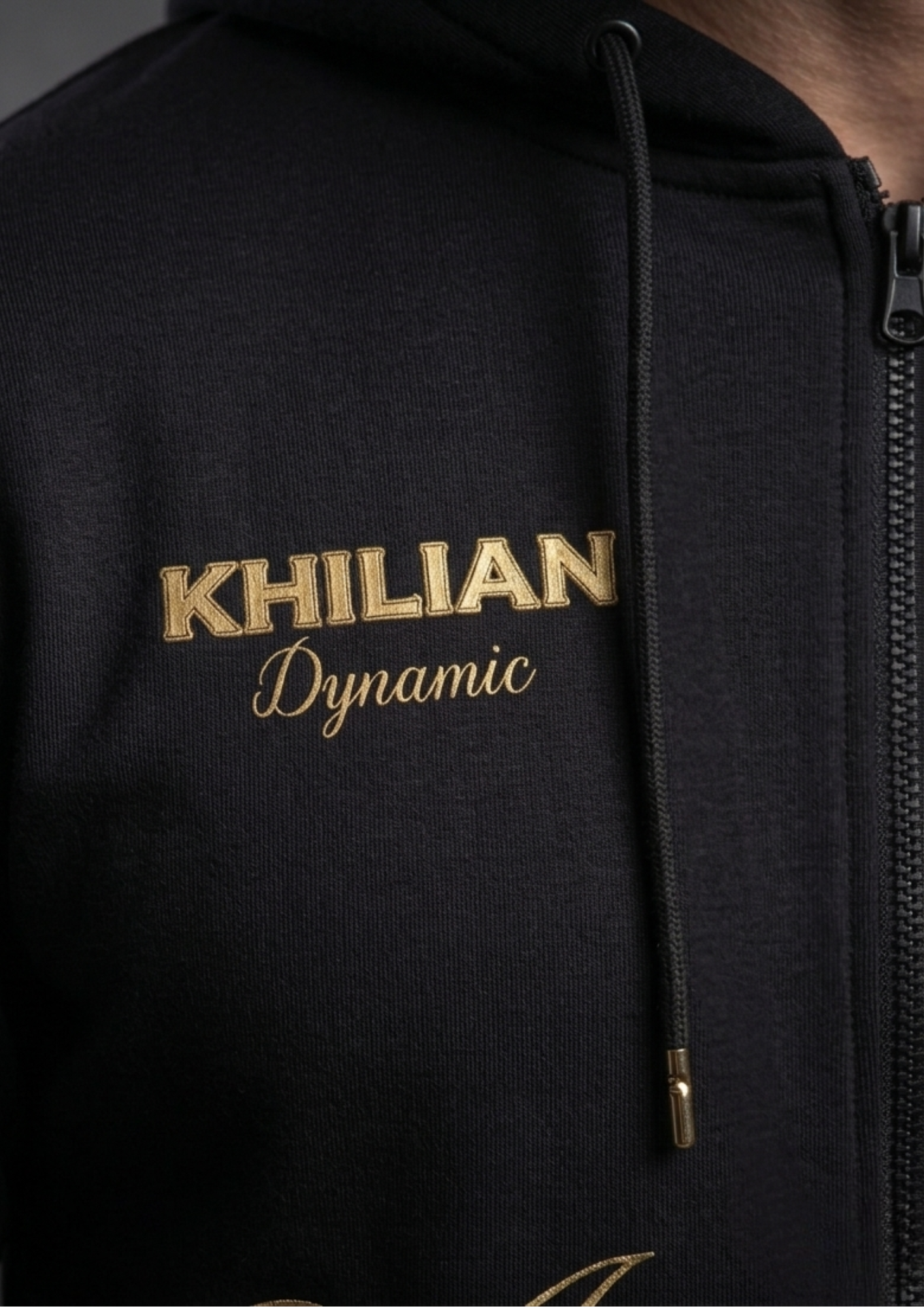 Men’s Black Zip-Up Hoodie with Gold Embroidery - Apex Force 904