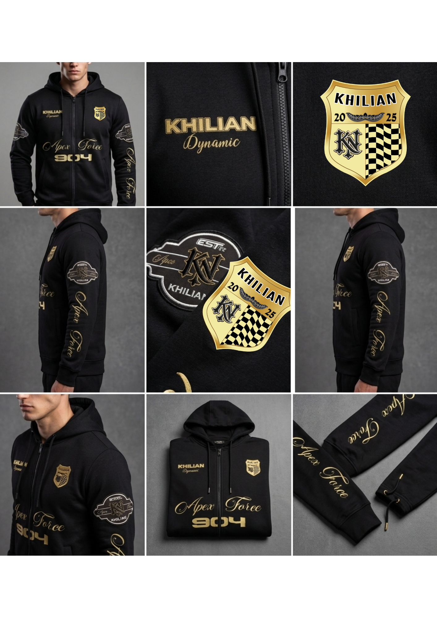 Men’s Black Zip-Up Hoodie with Gold Embroidery - Apex Force 904