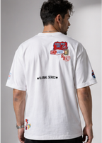 Oversized White Graphic T-Shirt with Premium Badge Detail.