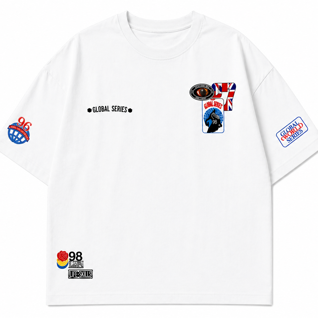 Oversized White Graphic T-Shirt with Premium Badge Detail.