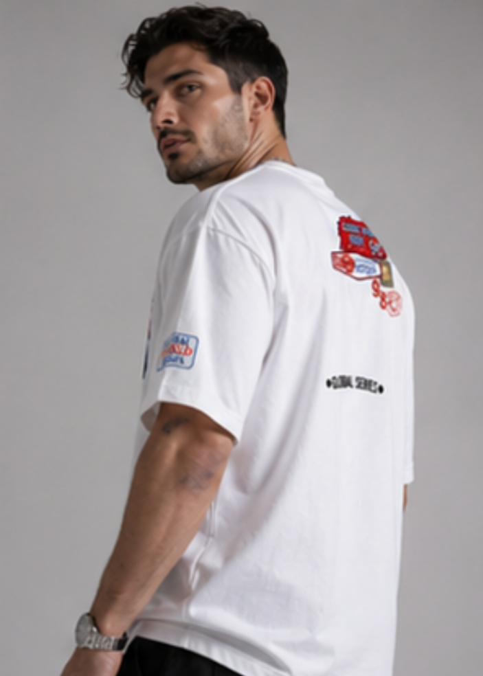 Oversized White Graphic T-Shirt with Premium Badge Detail.