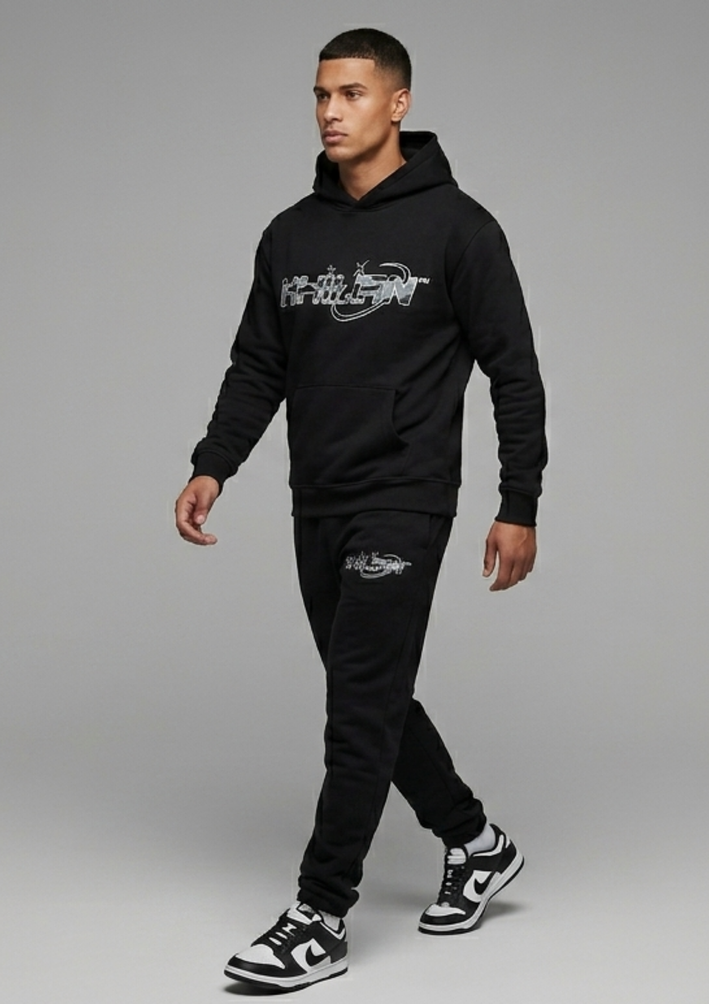 KHILIAN Black Urban Camo Orbit Graphic Streetwear Tracksuit