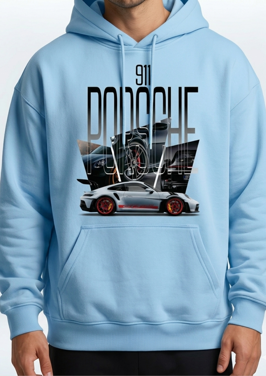 Men's Sky Blue Cotton Hoodie with Porsche 911 GT3 RS Print - Luxury Streetwear Mockup