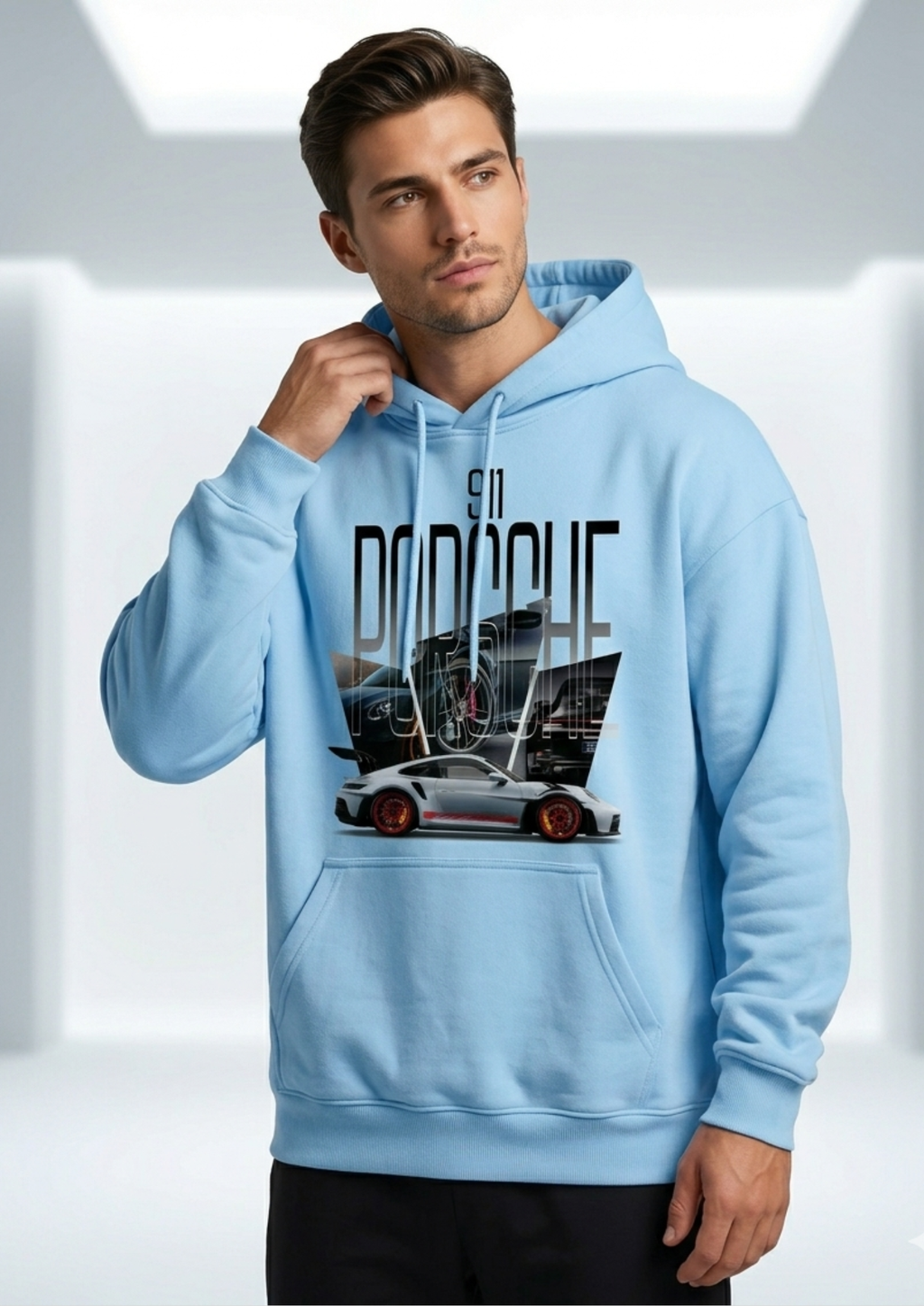 Men's Sky Blue Cotton Hoodie with Porsche 911 GT3 RS Print - Luxury Streetwear Mockup