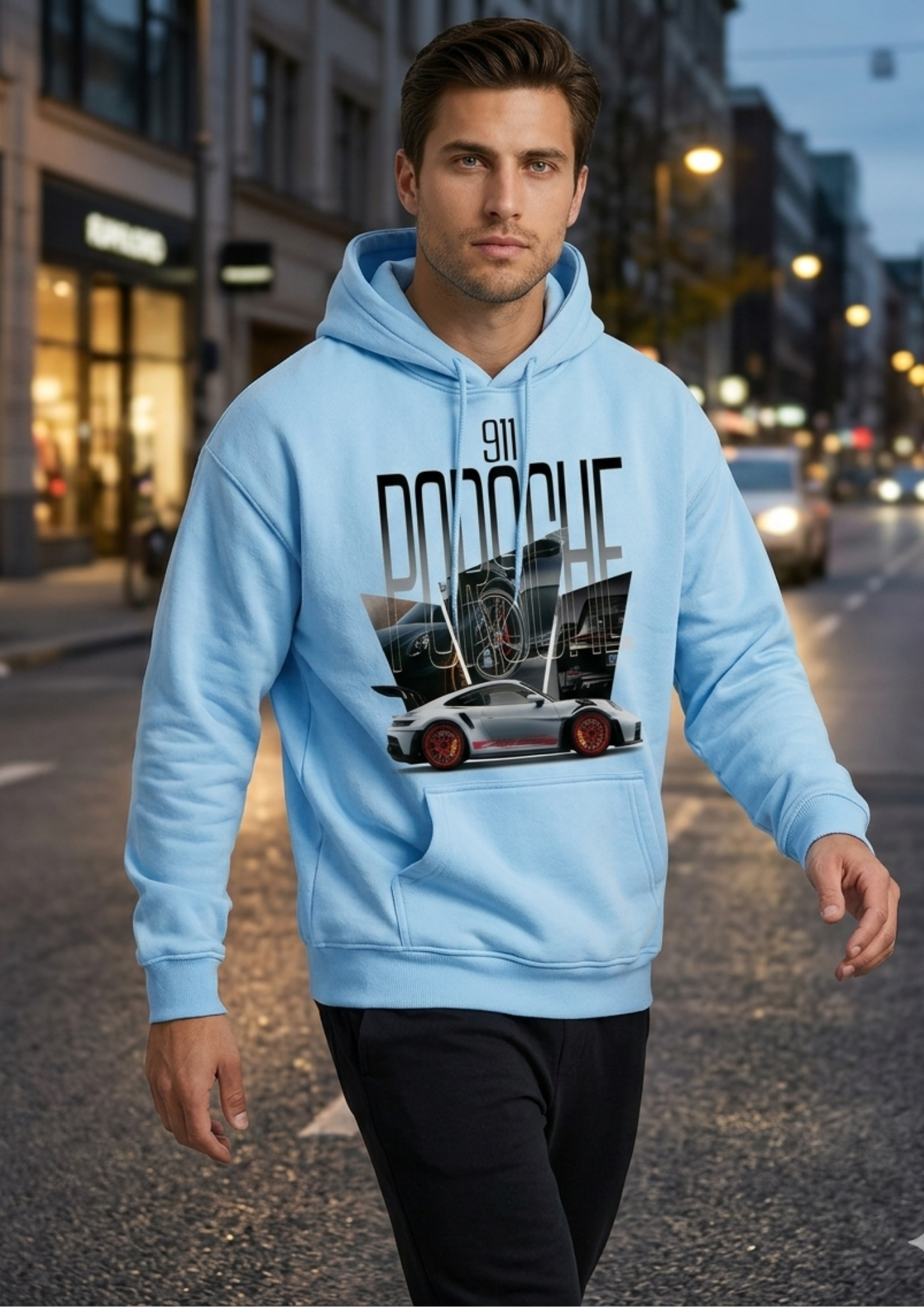 Men's Sky Blue Cotton Hoodie with Porsche 911 GT3 RS Print - Luxury Streetwear Mockup
