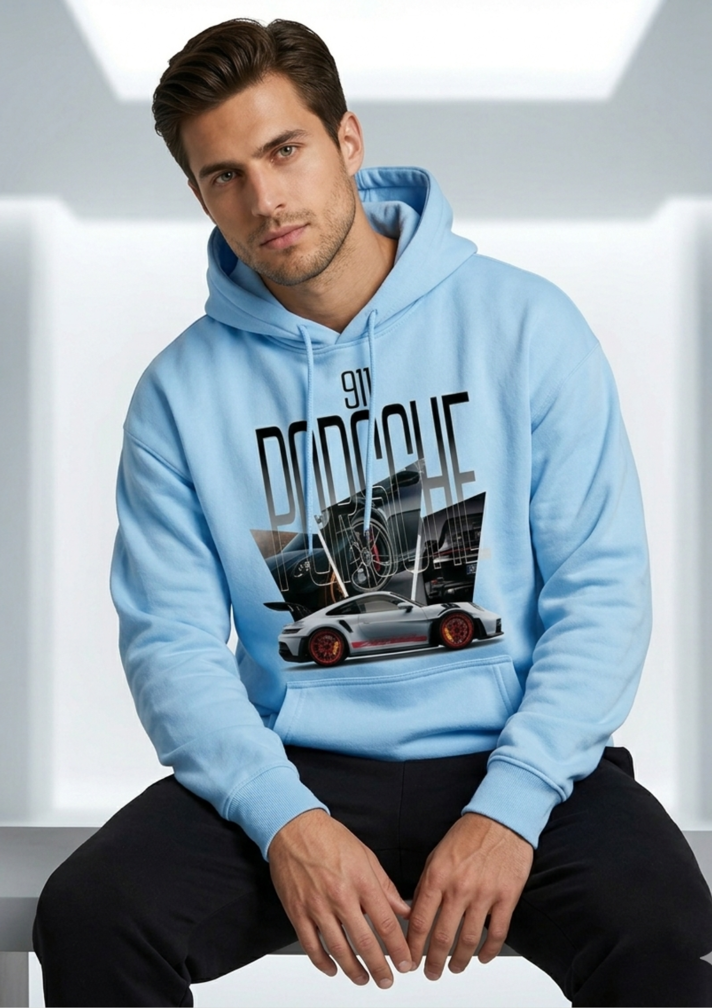 Men's Sky Blue Cotton Hoodie with Porsche 911 GT3 RS Print - Luxury Streetwear Mockup