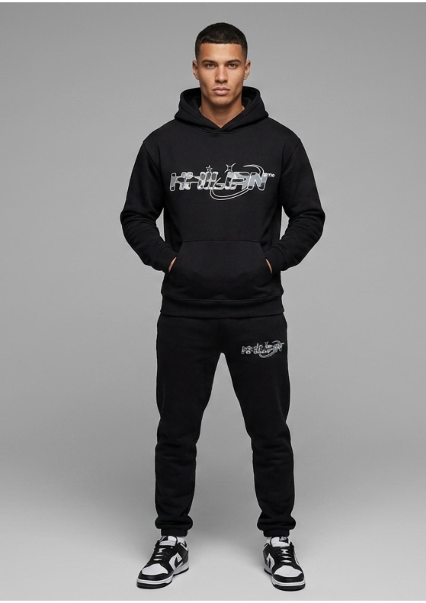 KHILIAN Black Urban Camo Orbit Graphic Streetwear Tracksuit
