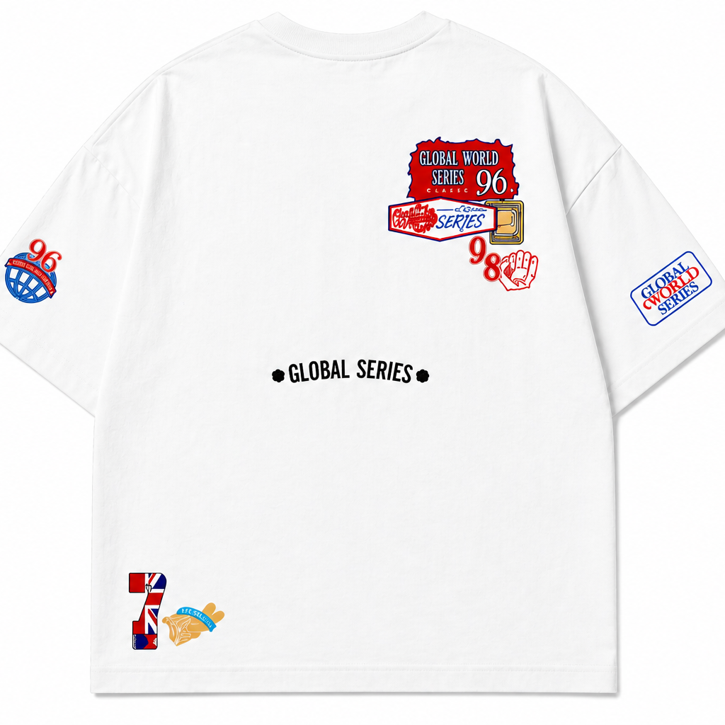 Oversized White Graphic T-Shirt with Premium Badge Detail.